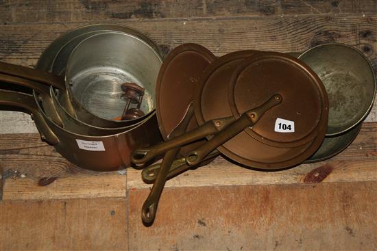 Victorian copper saucepans, etc.
